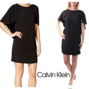 CALVIN KLEIN Women's Black Cap-Sleeve Shift Dress Cascading Sleeves - Size 6